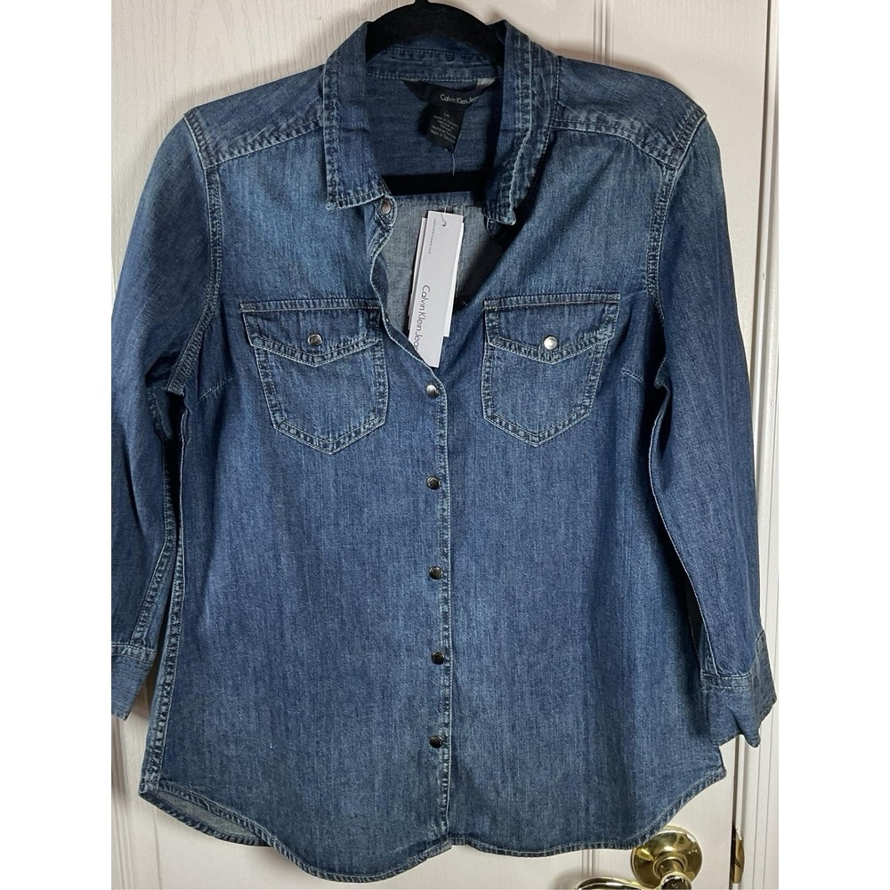 Calvin Klein Jeans Womens Button-Up Shirt Blue Denim Snap Western Size L